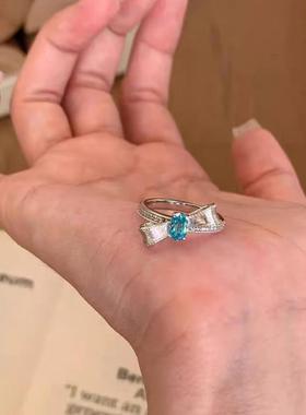 海蓝宝蝴蝶结戒指中古风镶嵌锆石