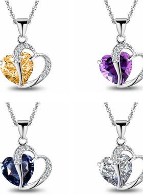 镀饰品心形水晶吊坠浪漫紫项链锁