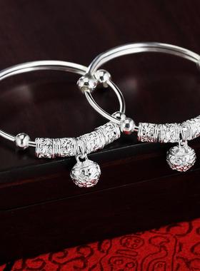 儿童宝宝铃铛宫铃手镯男女款婴儿镀纯银手链出生满月送礼银饰品