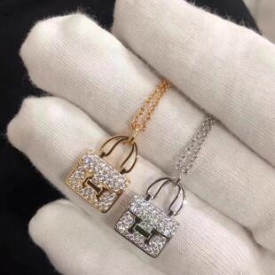 H家爆款新款康康包项链女礼物厚镀18K金爱马家璀璨满钻包包锁骨链