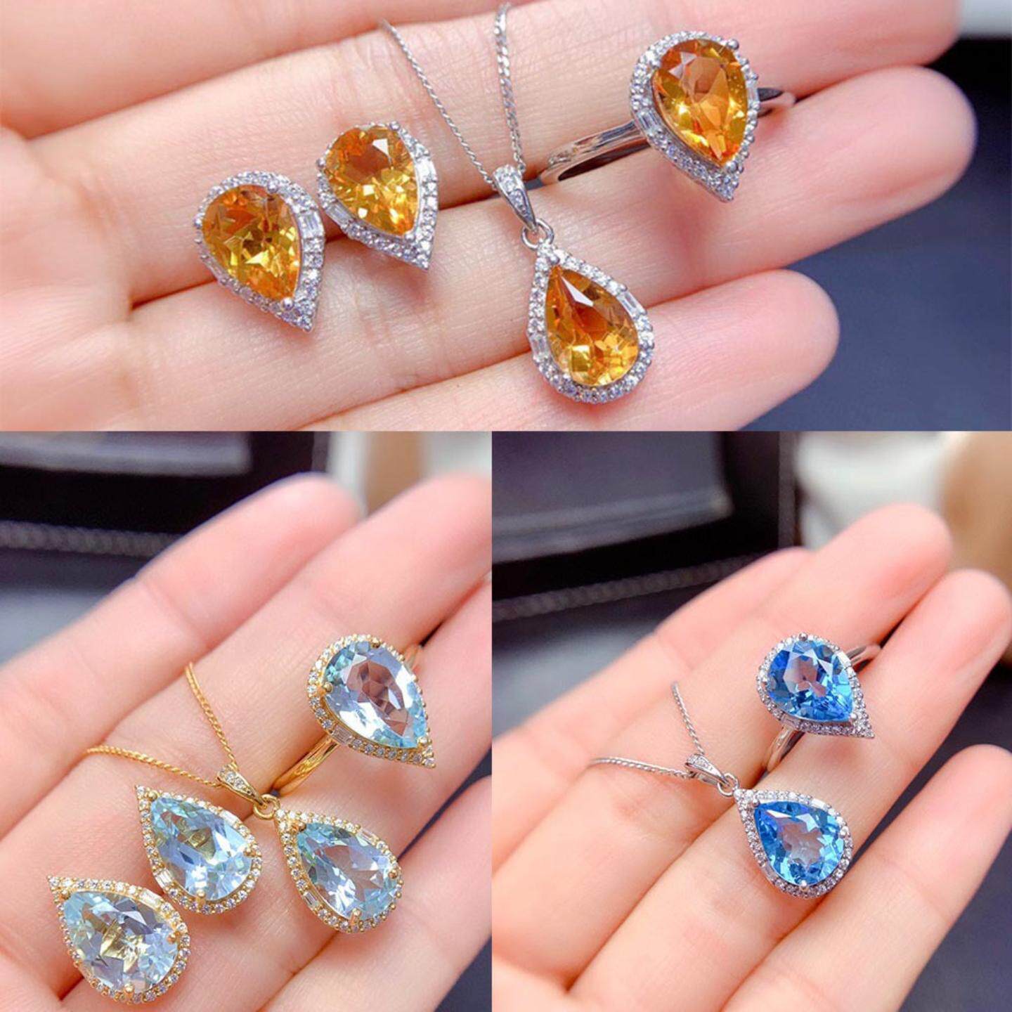 仿天然瑞士蓝托帕石套装戒指吊坠耳钉 水滴款招财黄晶项链女