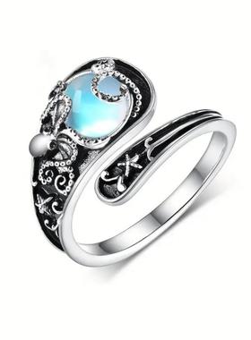 新款简约夏威夷章鱼月光石戒指