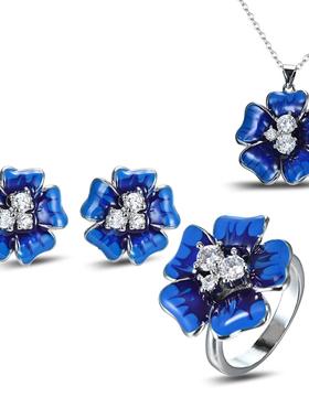 蓝色滴胶烤漆项链大花朵镶钻耳钉