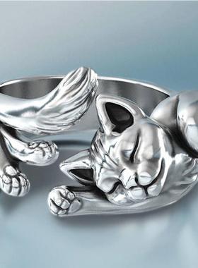 臻荣wish新款小猫咪开口戒指欧美