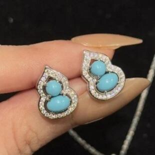 立体仿绿松石满钻葫芦蓝色耳钉女轻奢高级感设计耳环ins风耳饰款