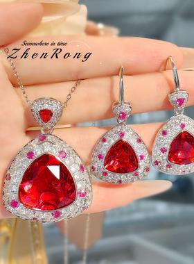 欧美名媛复古几何肥三角红钻耳钉