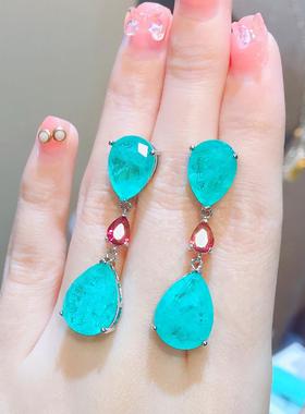 亚马逊仿真祖母绿耳环女 网红简约帕拉伊巴蓝色耳坠 仿真珠宝