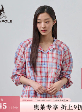 BEANPOLE滨波  新款女士浅粉色复古风格纹抽绳下摆长袖衬衫