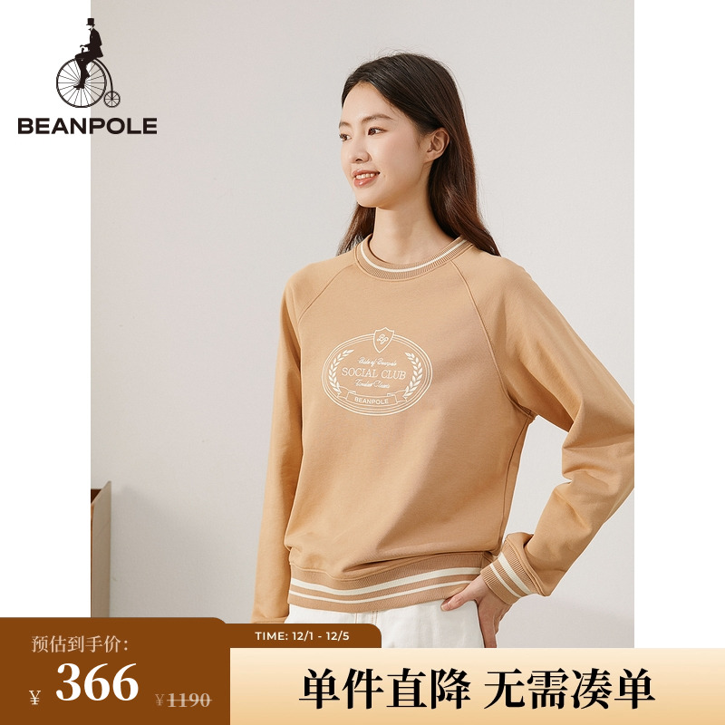 BEANPOLE滨波女米色简约休闲学院风时尚优雅印花长袖圆领套头卫衣