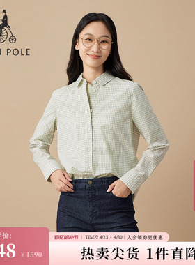 BEANPOLE滨波  女士日常休闲格纹logo商务知识分子风翻领长袖衬衫