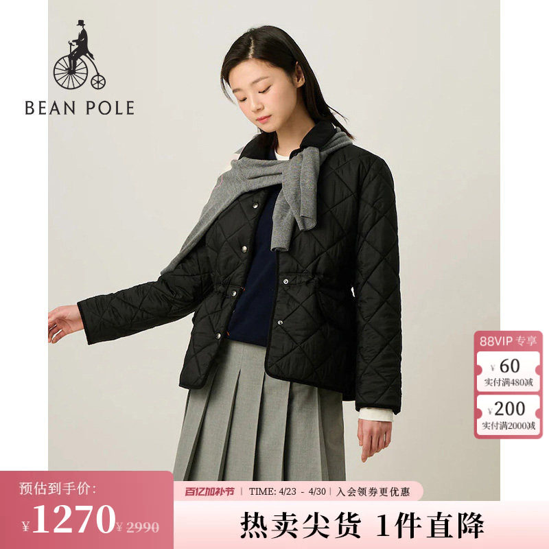 BEANPOLE滨波  春季女中长款简约休闲翻领菱形格绗缝棉服夹棉外套