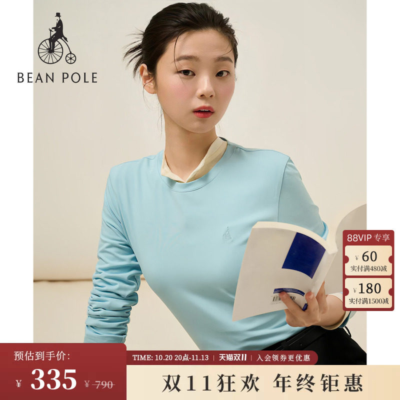 BEANPOLE滨波女士圆领简约打底内搭素色日常多色刺绣休闲长袖T恤