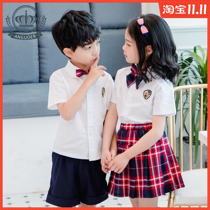 小学生校服夏季新款衬衣红格子裙套装幼儿园园服两件套