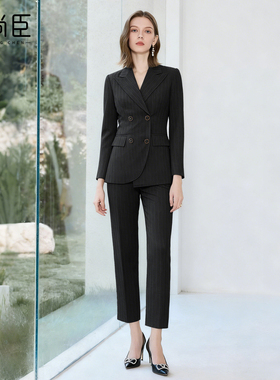 艾尚臣黑色条纹西装套装女2025新款职业装珠宝酒店销售经理工作服