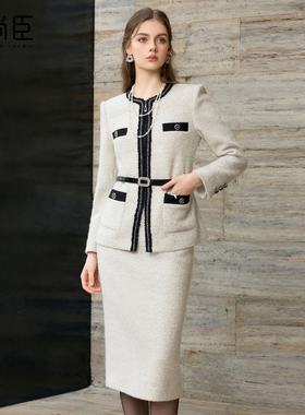 艾尚臣手编织带月光灰羊毛粗花呢小香风短外套女气质套裙两件套冬