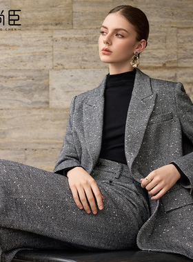 艾尚臣【织梦罗绮】老钱风西装外套女秋冬人字纹羊毛商务职业套装