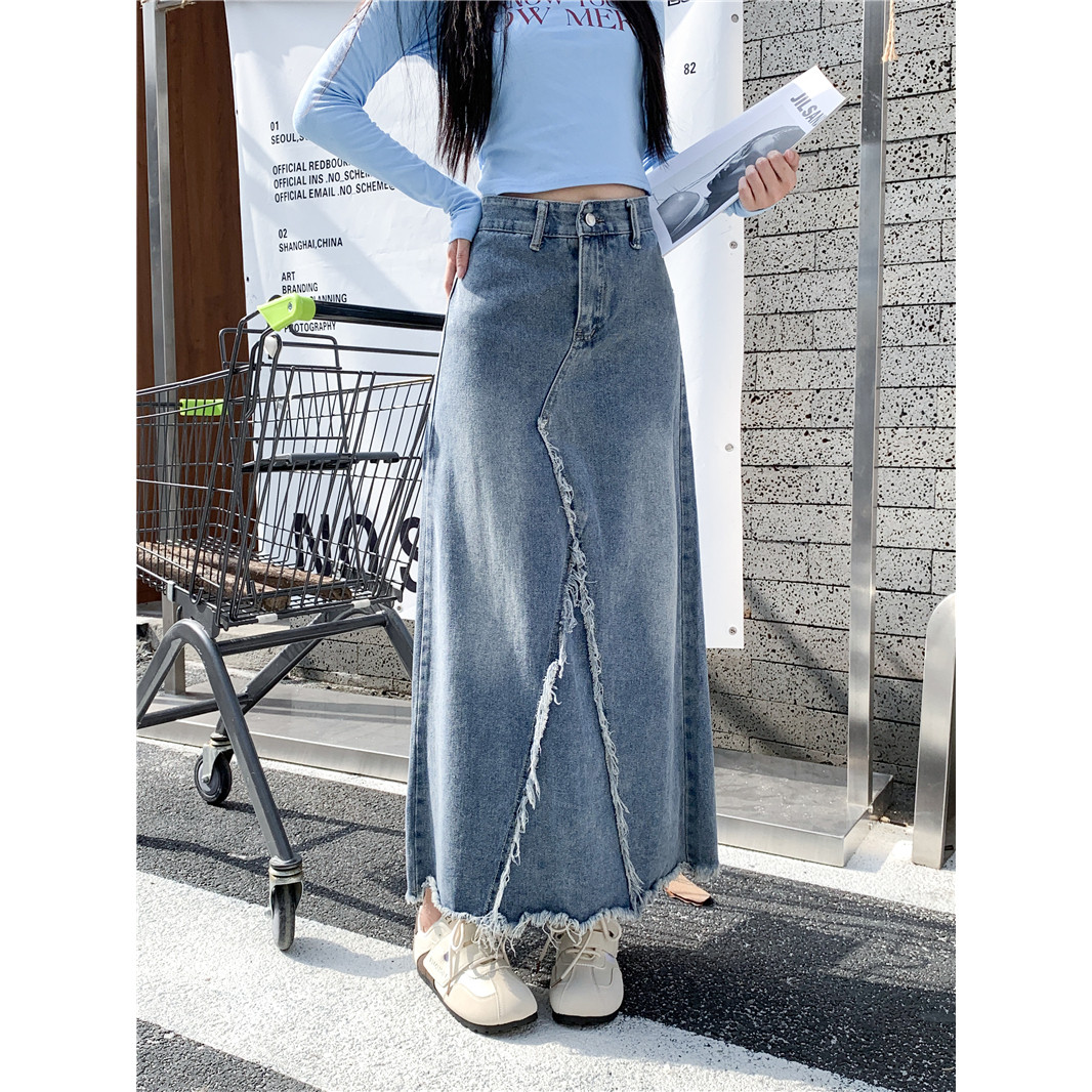 大码女装不规则牛仔裙半身裙女新款高腰显瘦别致长裙A字中长裙子