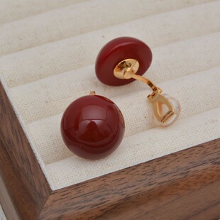 安可拉红色幸福半圆珠珠三角耳夹复古大气秋冬气质耳环无耳洞耳环