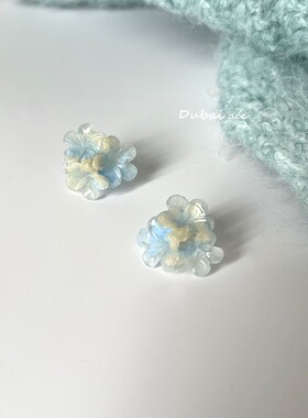 奶油蓝色晕染花朵925银耳钉韩国ins甜美少女蚊香盘耳夹耳饰清新