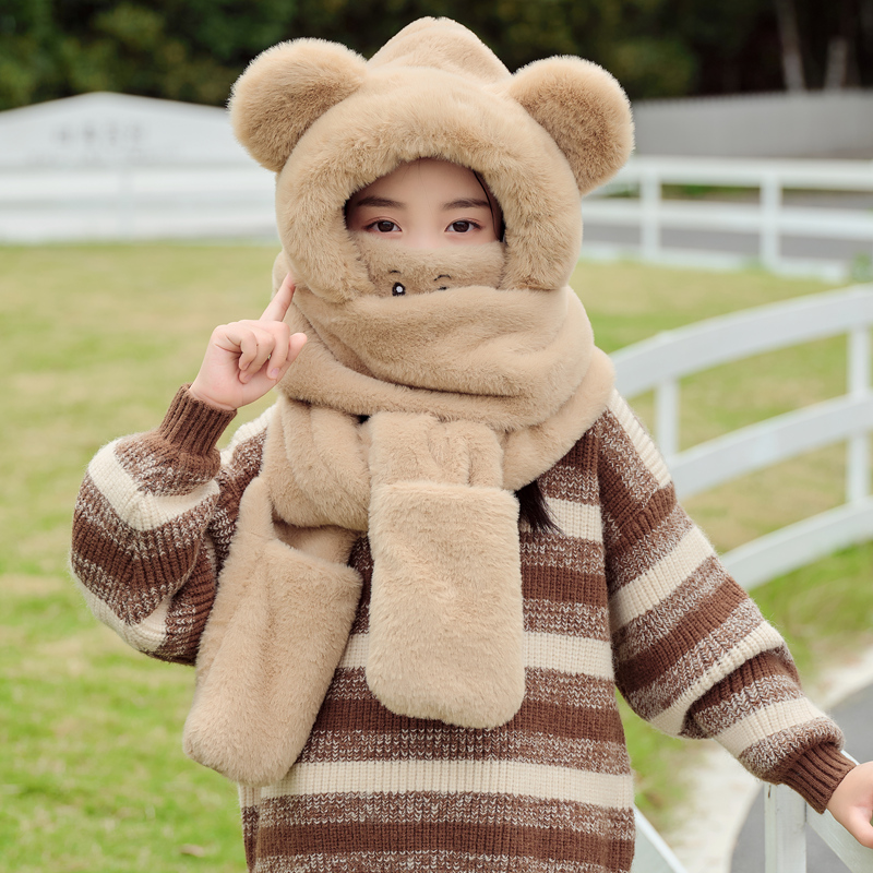 儿童帽子冬季围巾手套一体三件套秋冬毛绒男女童保暖防风护耳围脖