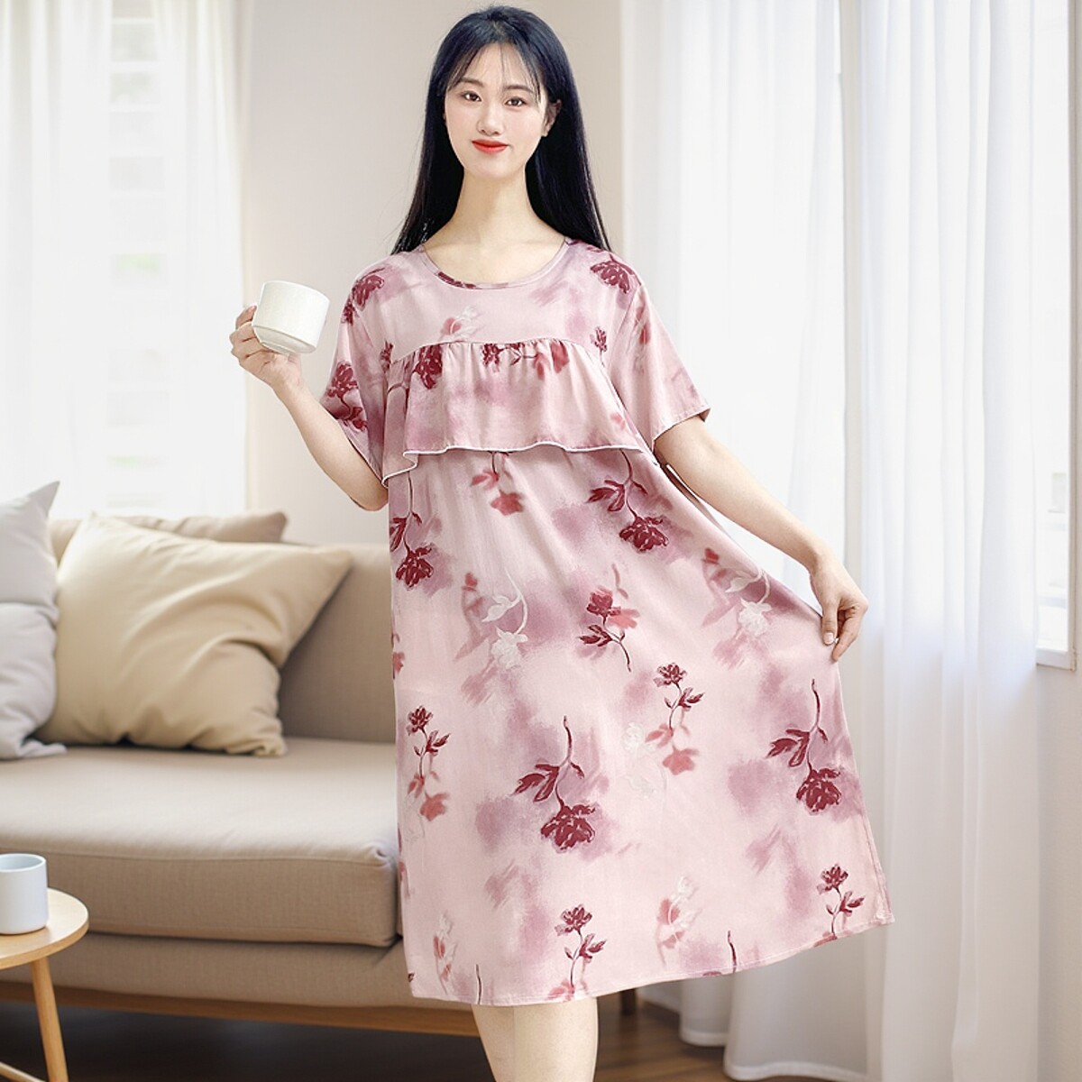 女士棉绸睡裙夏天冰丝不带胸垫一体式防凸点可外穿大码睡衣家居服