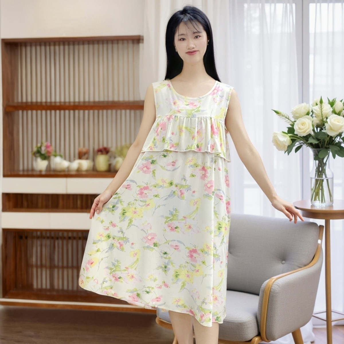 无袖睡裙大码棉绸睡衣女款2025新款夏不带胸垫防凸点可外穿家居服