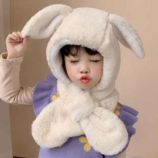 户外保暖护耳帽子雷锋帽 甜美可爱兔耳朵帽儿童围巾一体帽女童冬季