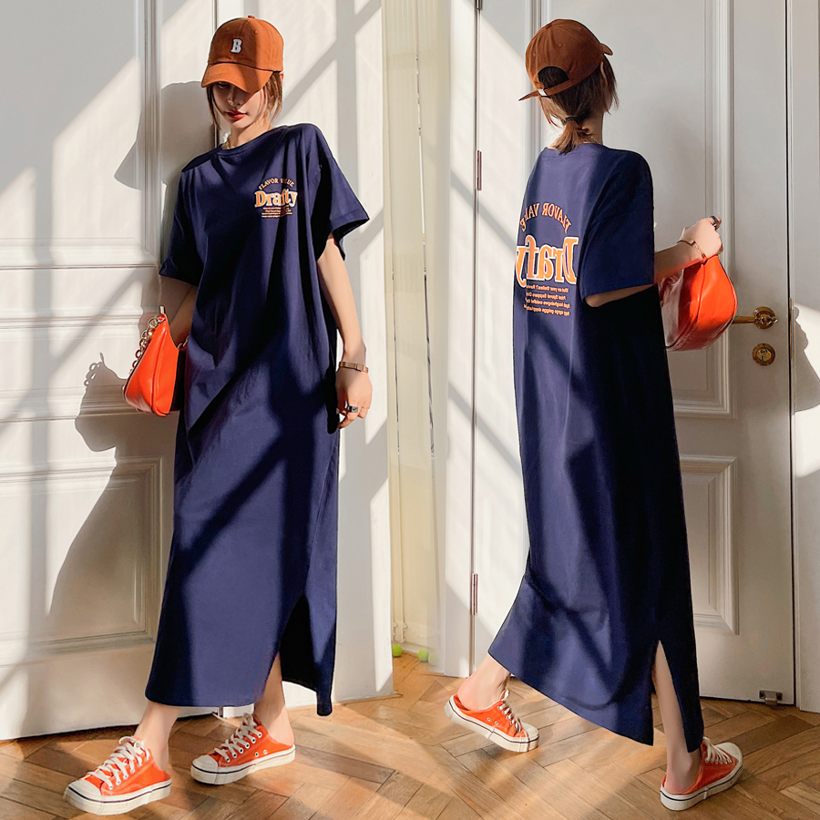 纯棉T恤长裙薄款超长款宽松开叉