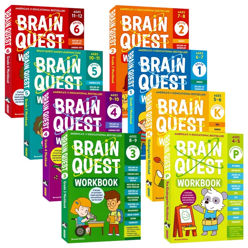 Brain Quest Workbook 大脑任务 英文原版全科练习册 学龄前-6年级 益智训练 英语 数学 科学 社会 迷你问答卡 贴纸 Prek-Grade 6