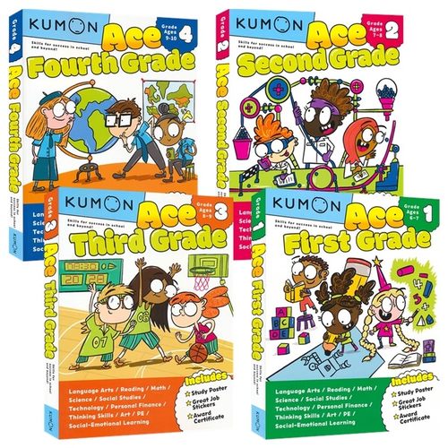 Kumon Ace First Grade Second Grade 公文式教育 1-4年级 全能练习册 英语语言 阅读 数学 科学 小学课外提升教辅 英文原版进口