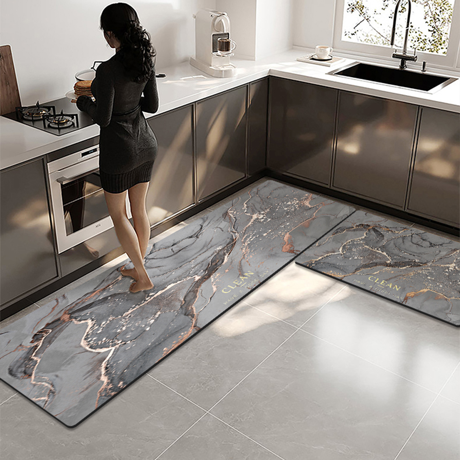 北欧风厨房地垫防滑防油可擦免清洗地毯耐脏大理石纹脚垫垫子吸水