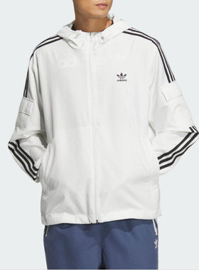 Adidas阿迪达斯三叶草男女装休闲三条纹梭织连帽宽松外套KB1944