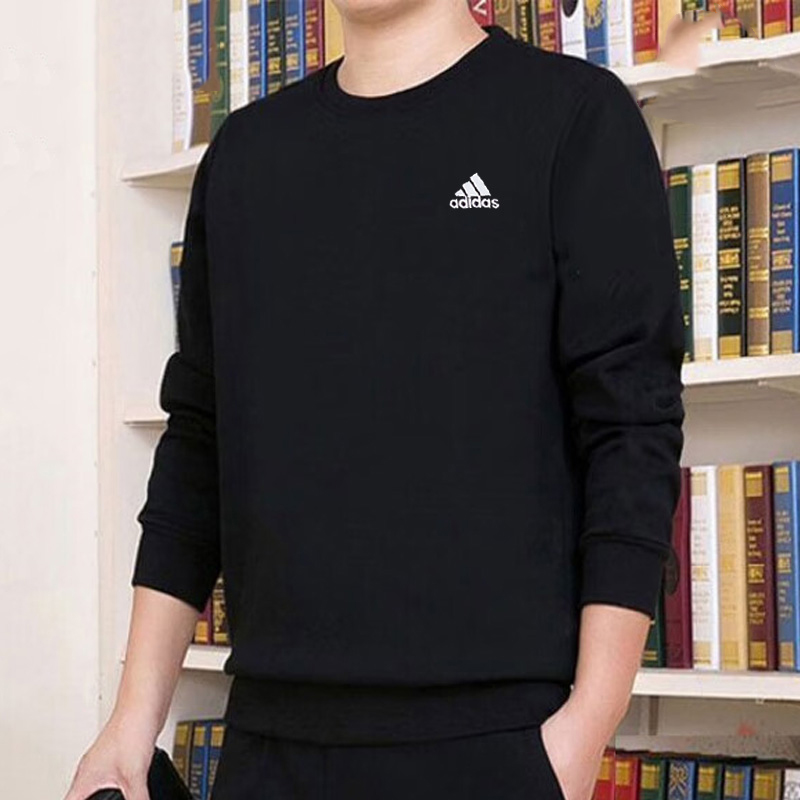 阿迪达斯圆领卫衣男秋季新款黑色上衣纯棉运动服打底衫男士套头衫
