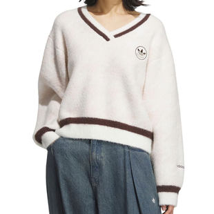 阿迪达斯三叶草女子运动休闲卫衣千鸟格毛绒保暖套头衫KC2687