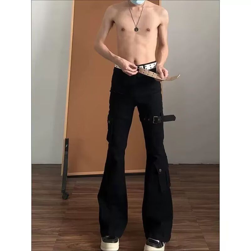 美式绑带机能青少年工装裤男修身弯刀微喇裤子高街显瘦vibe牛仔裤