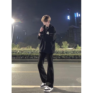 美式街头水洗做旧时尚牛仔裤男春秋直筒宽松欧美高街vibe风长裤子