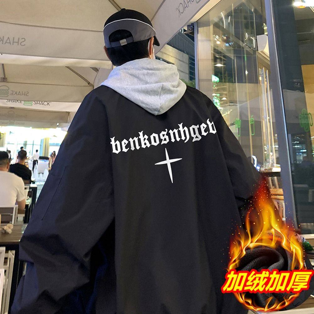 美式复古黑色飞行员夹克男秋冬加绒高街hiphop潮牌棒球服情侣外套