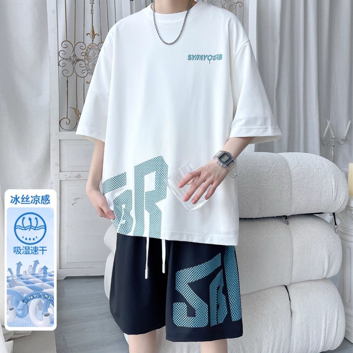 冰丝篮球服运动套装男夏季薄款宽松大码男装速干短袖t恤短裤夏装