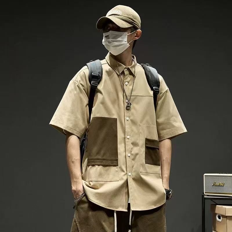 港风运动夏季日系复古拼色短袖衬衫男女潮牌宽松情侣休闲工装衬衣