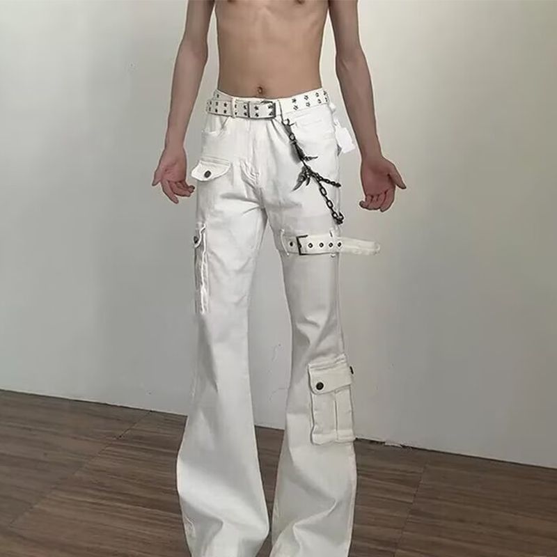 美式高街黑色绑带牛仔裤男修身阔腿微喇工装裤高级感显瘦长裤