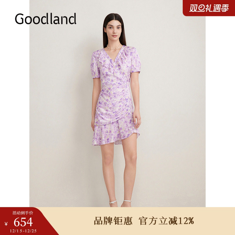【博主同款】Goodland美地夏季真丝浪漫印花荷叶边连衣裙