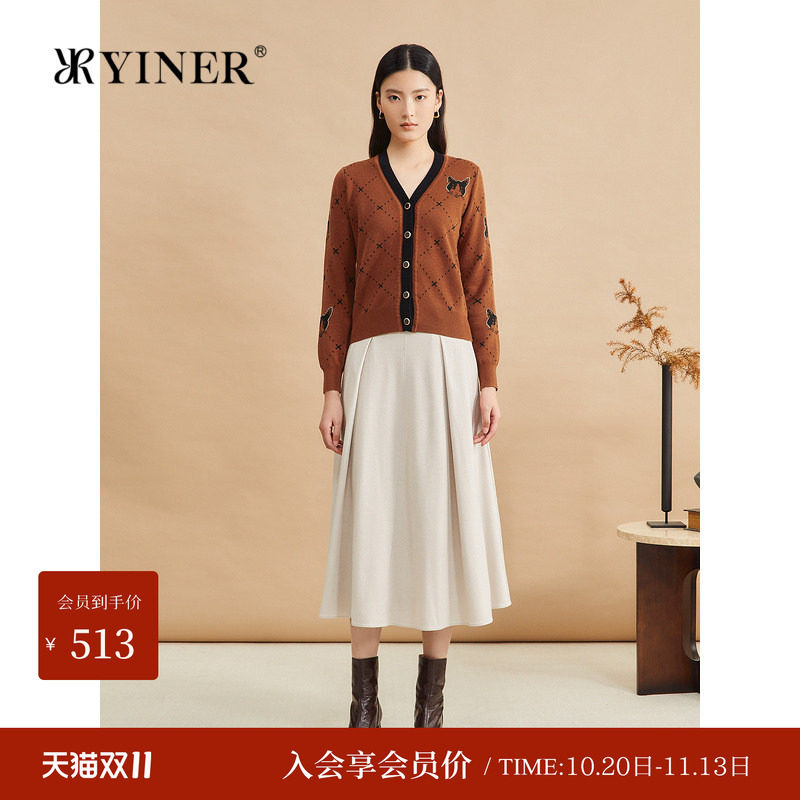 YINER音儿女装时尚短款卡通猫咪图案V领针织开衫毛衣上衣女长袖秋