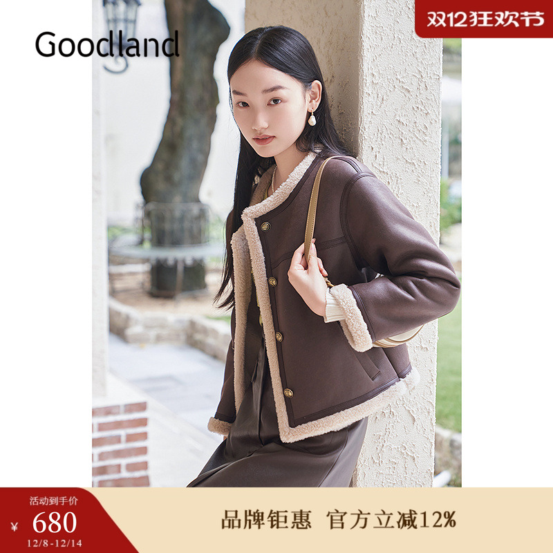 Goodland美地女装冬季时尚美拉德短款圆领环保羊毛皮草外套