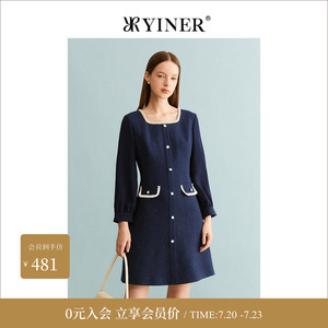 YINER音儿专选女装冬季法式优雅方领羊毛金属闪丝连衣裙