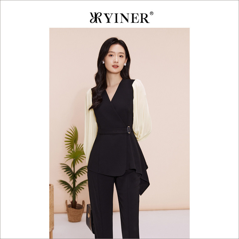 YINER音儿专选女装秋季通勤时尚撞色灯笼袖V领假两件衬衫