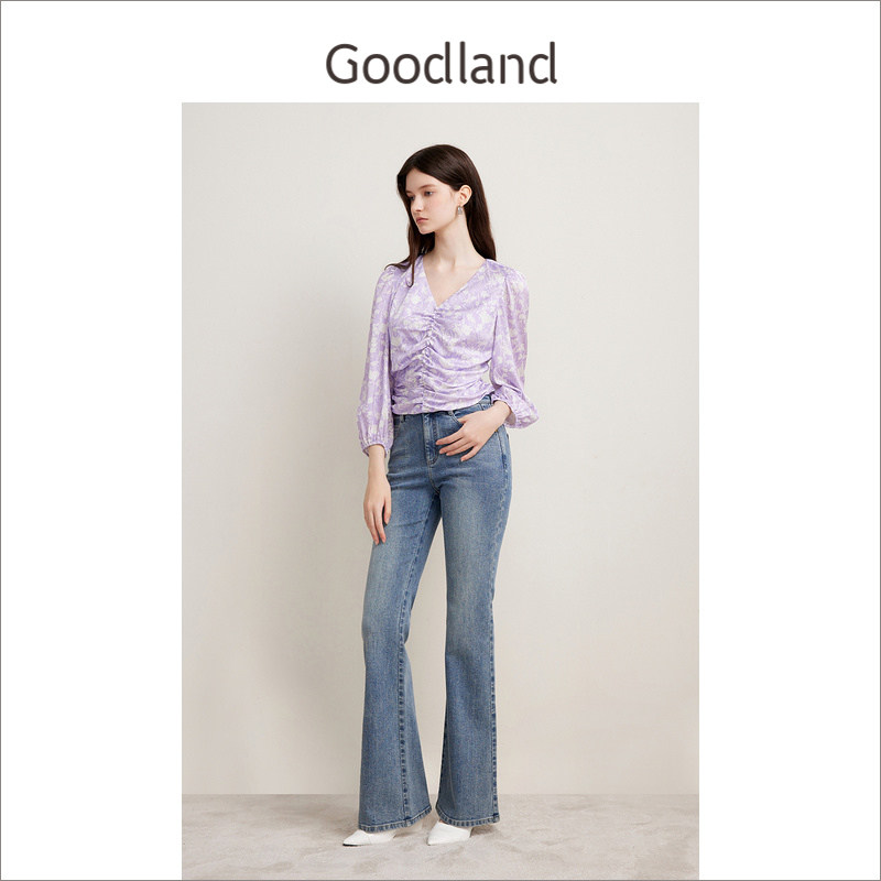 【真丝系列】Goodland美地春季法式优雅印花桑蚕丝衬衫