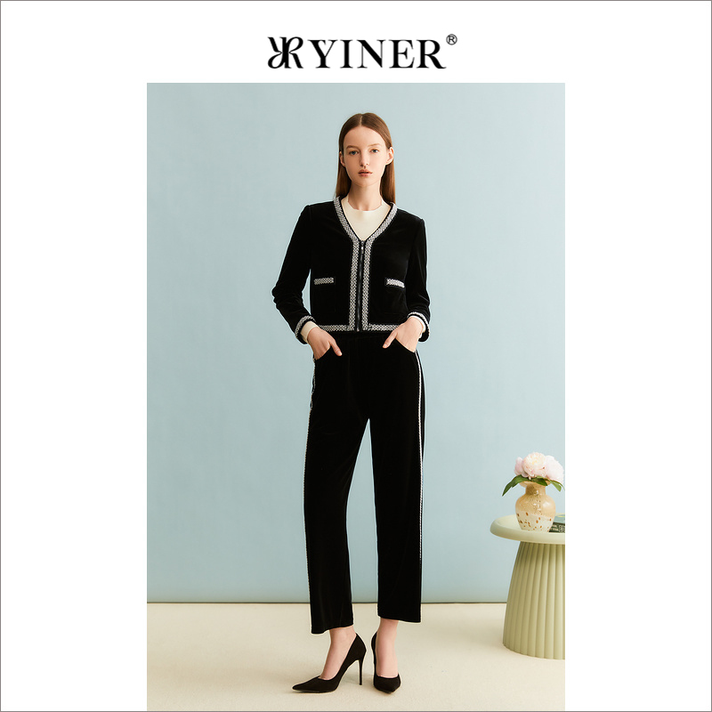 YINER音儿专选女装秋季法式V领钉珠都市风休闲优雅薄外套