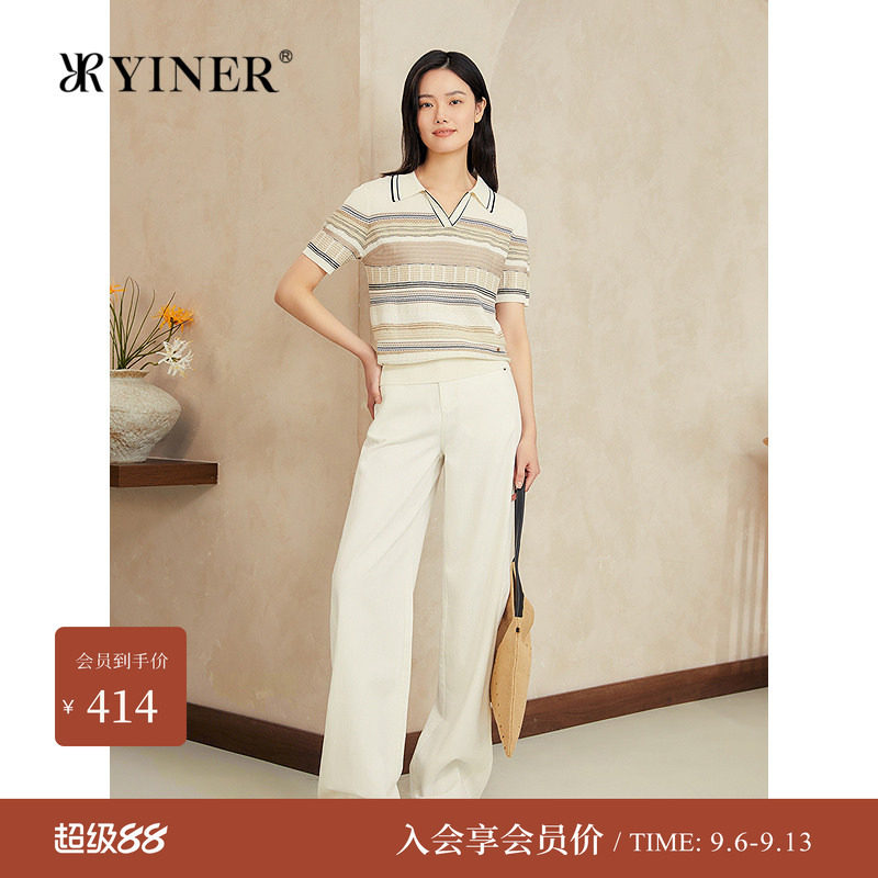 【醋酸系列】YINER音儿夏季新款复古翻领撞色条纹毛针织衫图片