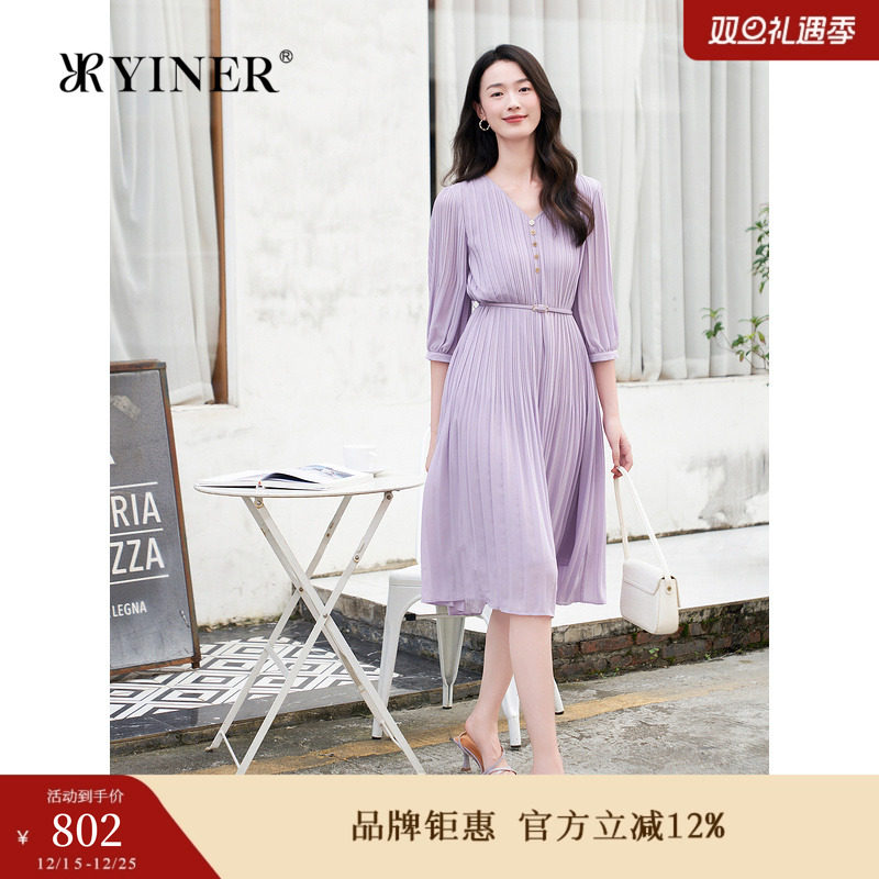 YINER音儿专选秋季女装法式优雅七分袖V领收腰百褶雪纺连衣裙