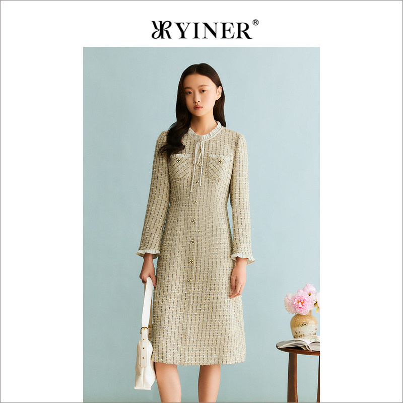 YINER音儿专选女装冬季法式优雅羊毛粗花呢木耳边连衣裙,女装/女士精品,连衣裙,淘宝优惠券,粉丝福利购,淘宝优惠卷